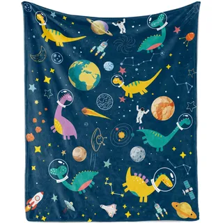 Decke Dinosaurier Kuscheldecke Weltraum Dinosaurier Kuscheldecke Raumfahrt Dinosaurier Weich Plüsch Wohndecke Dino Flanell Fleecedecke für Jungen Jugendliche Geschenk Sofadecke Couch, Blau, 130x150cm