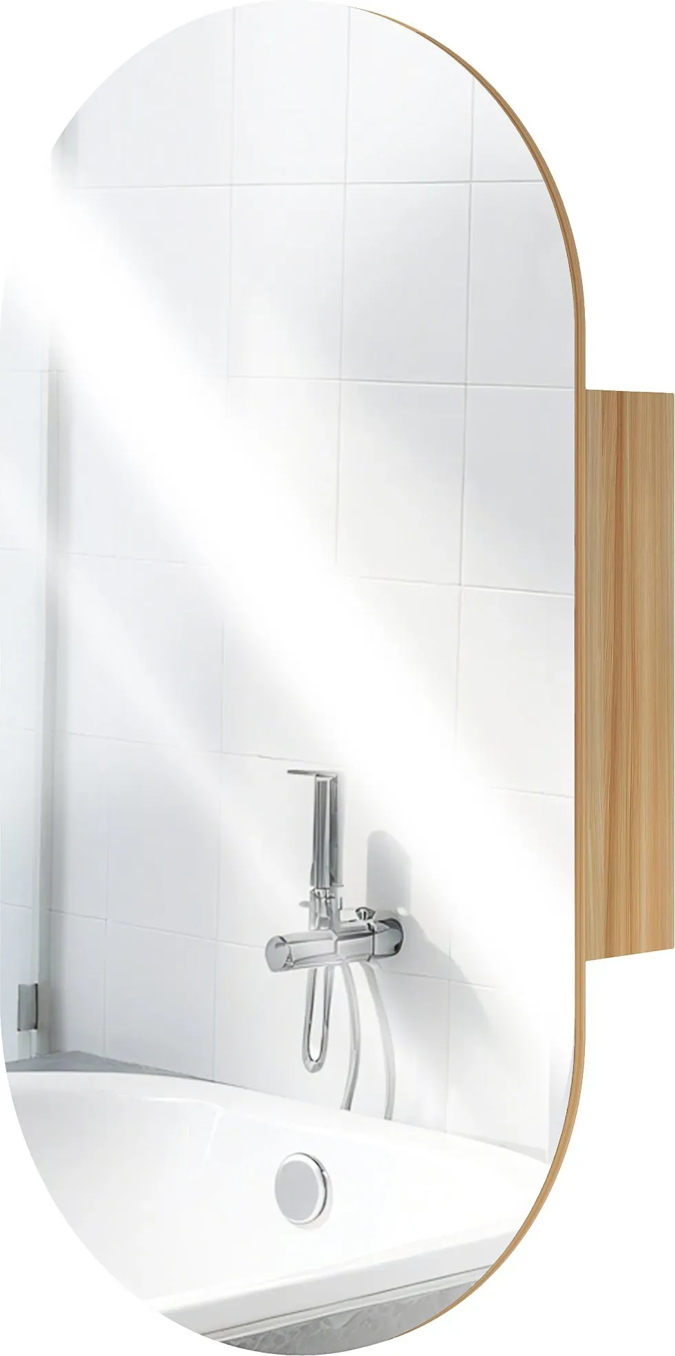 HOMCOM Wandspiegelschrank Badezimmer mit ovalem Spiegel, 45 x 90 cm, modernes Badezimmermöbel, rahmenloses Design, Spiegel mit Aufbewahrung, Naturholz   Aosom