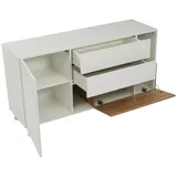 OKWISH Sideboard 40x70x130cm weiß Hochglanz mit Holzmaserung, 2 Türen, 2 Schubladen, Klapptür, offene Fächer, stabiler 5-Bein-Sockel, modernes Wohnzimmer