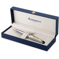 Waterman Expert Kugelschreiber | Edelstahl mit Zierteile aus 23 K Gold | Mittlere Spitze | Blaue Tinte | Geschenkbox