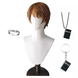 Xingbiyou Anime Death Note Light Yagami Cosplay Perücke mit Schlüsselanhänger Halskette Ring,Kurze braune Perücke für Herren Jungen
