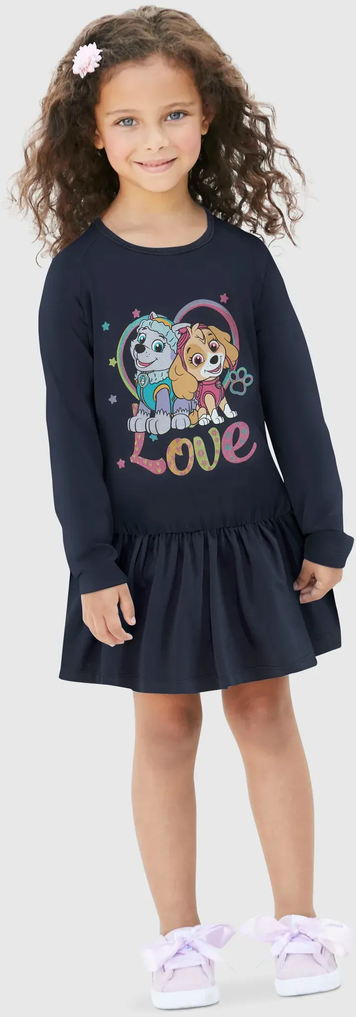 Jerseykleid PAW PATROL, Mädchen, Gr. 92/98, N-Gr, blau, Jersey, Obermaterial: 95% Baumwolle, 5% Elasthan, bedruckt, ausgestellt kniefrei, Rundhals, abgesteppte Kante, Kleider Jerseykleid, Druck mit EVEREST und SKYE