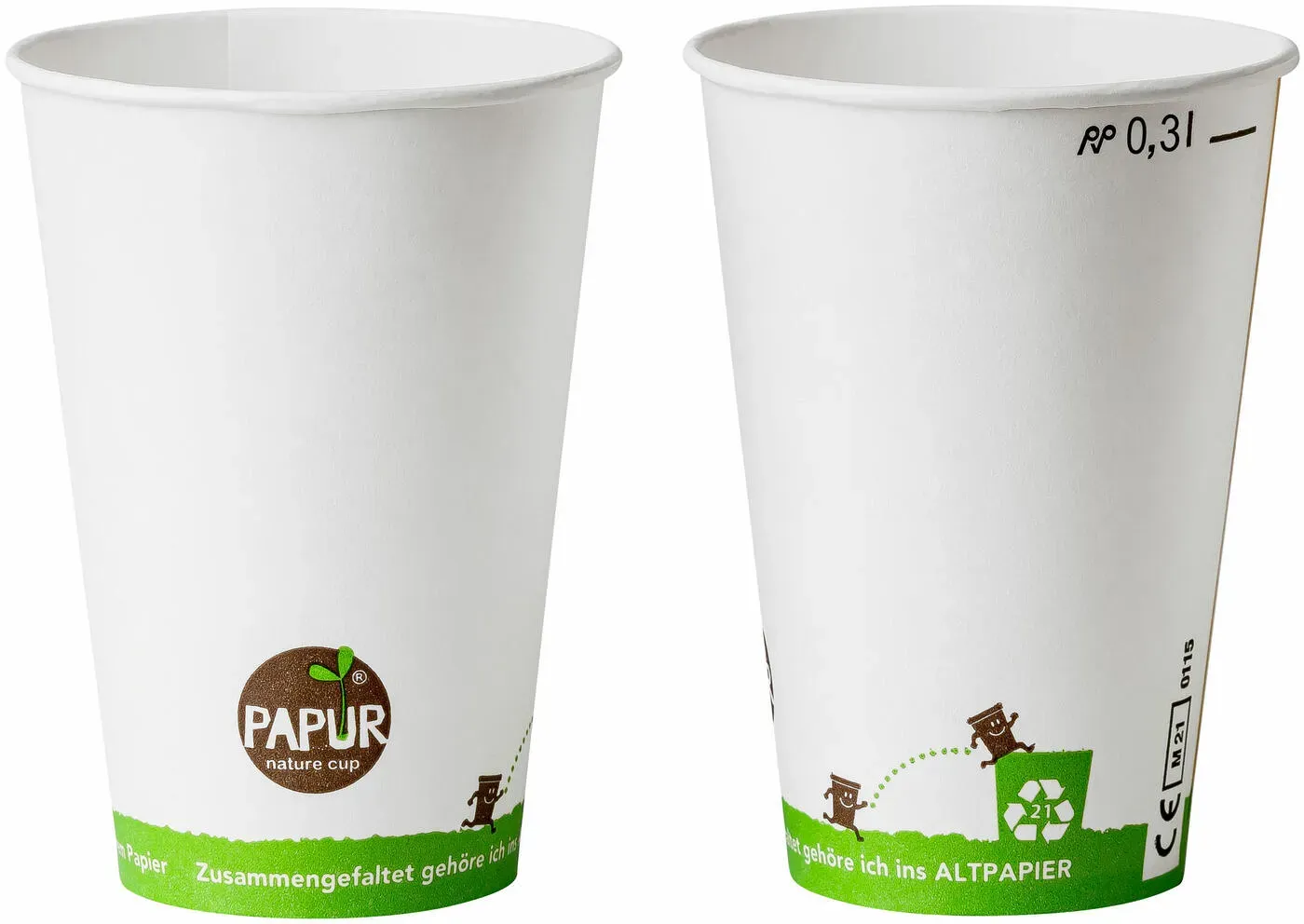 Bio Heissgetränkebecher Pappbecher PAPUR 80mm O mit Eichstrich 300 ml, 75 Stk.