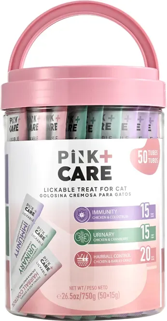 PINK+CARE Funktionale Katzencreme-Snacks – Gemischte Sorten, 50 Sticks × 15 g – Ohne Zusatzstoffe, Getreidefrei & Gelatinfrei – Unterstützung für Harnwege, Immunsystem & Verdauung – Vertrauenswürdige Kanadische Haustiermarke
