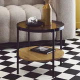 sweeek Runder Couch-/Beistelltisch 52 x 52 cm Holzoptik und schwarzes Metall, 2 Platten, eine davon aus gehärtetem Glas - Smooky