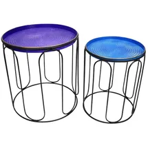 Dekoleidenschaft Metall, Beistell Tisch mit Servier Tablett in blau, 2er Set), Tabletttisch Tischset