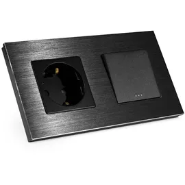 Navaris Lichtschalter mit Schuko Steckdose - mit Aluminium Rahmen - Design Glas Schalter einfach - Aufputz Wippschalter Wandschalter in Schwarz