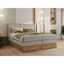 MKS Meble Boxspringbett WOOD CLASSIC KING, Doppelbett mit zwei Multipocket-Matratze und Toppper, hohe Kopfteil, Stauraum - 180 x 200 cm - H3 - Hellgrau