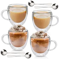 Latte Macchiato Gläser Doppelwandig Espressotassen Set, 4 x 250ml Doppelwandige Gläser mit 4 Silberlöffel, Cappuccino Tassen Kaffeegläser Kaffeetassen Eiskaffee Glas Kaffeebecher Thermogläser