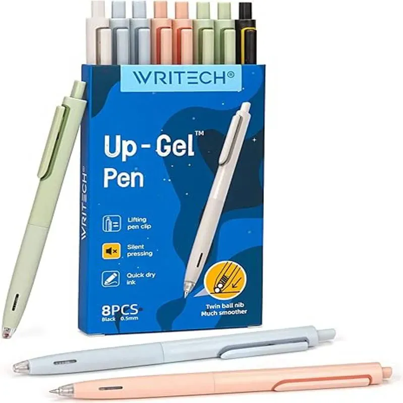 WRITECH Gelstifte, feine Spitze: 0,5 mm, auslaufenfrei & smudgefrei, schwarze Gelstifte, mit Klickmechanismus, für Journaling, Skizzieren, Zeichnen und Notizen, abziehbar, extra feine Spitze, gleitfreundlich, leise, nicht auslaufend, 8er-Set, Up-Gel