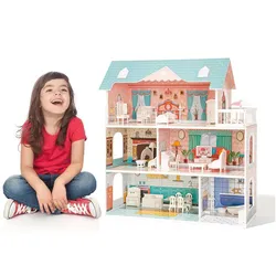 OBOSOE Puppenhaus 3 Etagen, mit Möbeln & Zubehör, Holz blau