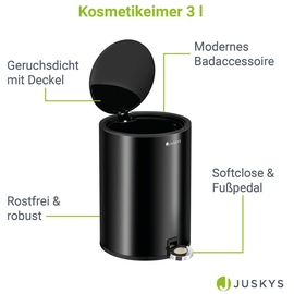 Juskys Kosmetikeimer 3 L - Bad Treteimer Stahl - klein, geruchsdicht, rostfrei - Schwarz