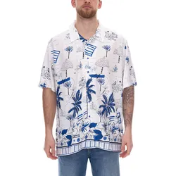 Herren Viskose-Hemd Kurzarm-Hemd mit Blumen-Print Sommer-Hemd Urlaubs-Shirt 927967 Weiß/Blau - 47-48