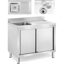Royal Catering Spülenschrank 1 Becken - - Edelstahl 100 x 60 cm - Spültisch mit Unterschrank, und Schiebetür links 40 x 24 cm) Aufkantung 60/100 cm silberfarben