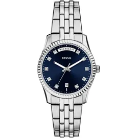 Fossil Quarzuhr FOSSIL "Scarlette", edelstahlfarben, blau, Armbanduhren, Damen, Quarzuhr, Armbanduhr, Damenuhr, Edelstahlarmband, analog, Tag, Wochentag