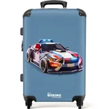 NoBoringSuitcases.com© Kinderkoffer mit leuchtende Räder - Detailliertes Polizeiauto auf blauem Hintergrun, 4 Rollen, Reisekoffer mit Rollen Mittelgroßer für 20kg, Jungenkoffer blau|bunt 43 cm x 67 cm x 25 cm