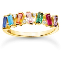 THOMAS SABO Ring Gold mit verschiedenfarbigen Zirkonia Steinen im Baguette-Schliff, 750 Vergoldung, 925 Sterlingsilber, Ringgröße 58, TR2346-488-7-58