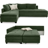 luma-home Ecksofa-Dauerschläfer, Doppelbett 306/223/95 cm Boxspring Federkern Ecksofa 306x223 Dauerschläfer, Bettkasten, Nachtkonsole, Schwenkteil beidseitig montierbar, Cord Grün / 15164