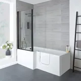 Begehbare Badewanne mit Duschzone, eckig, 1700mm x 850mm, Tür links – inkl. Badewannenaufsatz in Schwarz & Endschürze – Merso