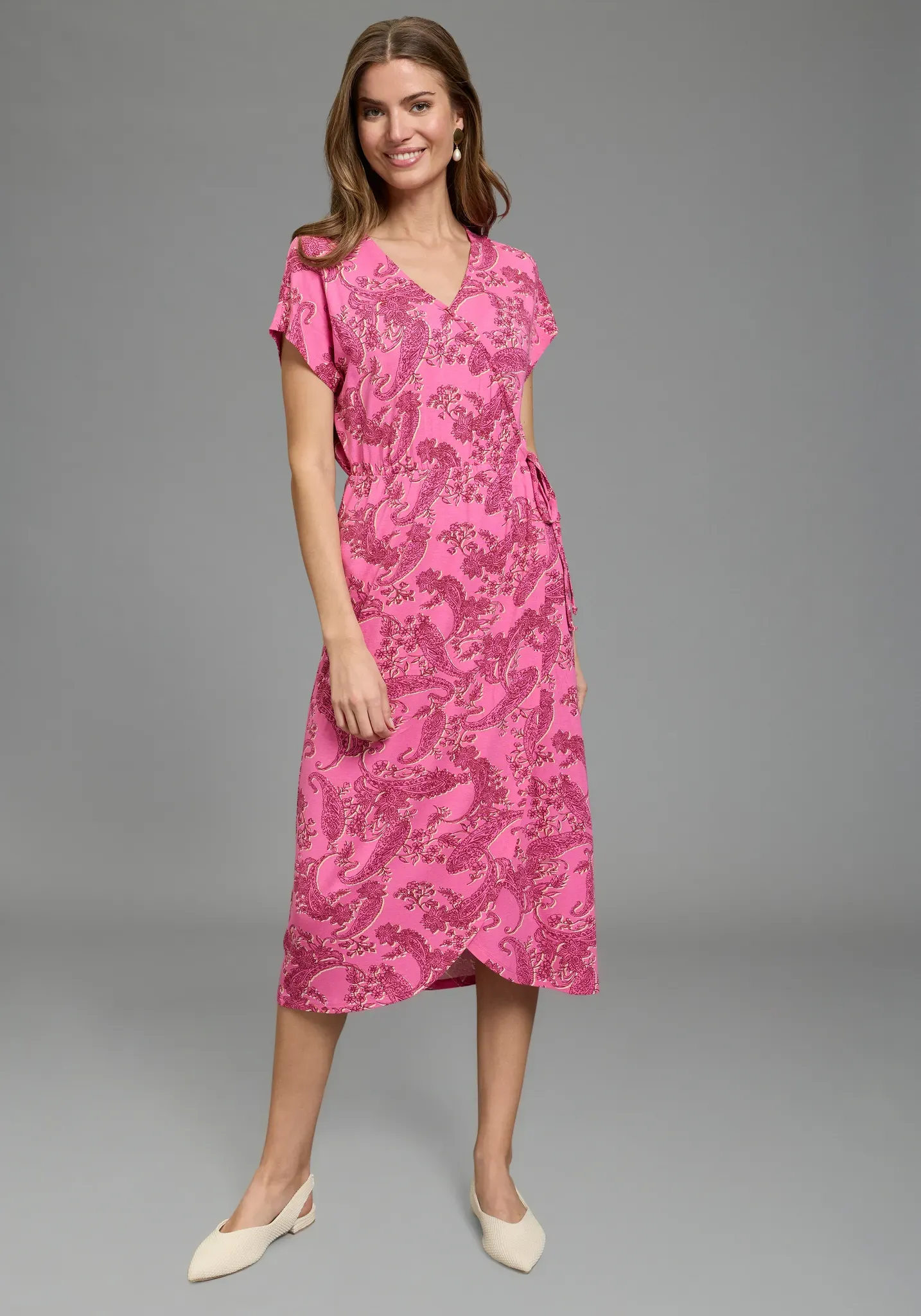 Sommerkleid LAURA SCOTT, Damen, Gr. 44, N-Gr, pink, gemustert, Jersey, Obermaterial: 95% Viskose, 5% Elasthan, Paisley, figurumspielend wadenlang, V-Ausschnitt, angeschnitten, Kleider Sommerkleid, mit Paisley-Optik, aus Viskose und Elasthan