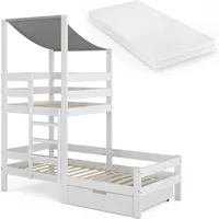 VitaliSpa Hausbett Tom 90x200 cm mit Schublade Matratze Weiß modern 204x218 Massivholz Kinderzimmer Lattenrost Bettleiter Bett Abenteuerbett Kletterbett