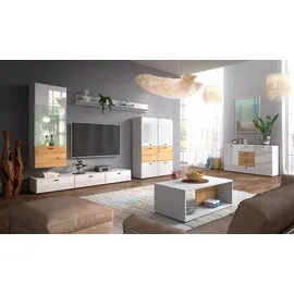 Feldmann-Wohnen Wohnwand, Weiß Hochglanz, Braun, Holzwerkstoff, 13 Fächer, 5 Schubladen, Rechteckig, 450x144x60 cm, Wohnzimmer, Wohnwände, Anbauwände