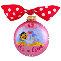 Krebs Glas Lauscha - Weihnachtsdekoration/Christbaumschmuck aus Glas - Motiv: It's a Girl - Rosa Satin mit Schleife - Größe: 8cm
