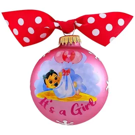 Krebs Glas Lauscha - Weihnachtsdekoration/Christbaumschmuck aus Glas - Motiv: It's a Girl - Rosa Satin mit Schleife - Größe: 8cm