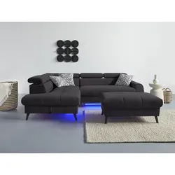 Ecksofa COTTA "Mia L-Form mit 3 Zierkissen", schwarz, B:244cm H:74cm T:193cm, 100% Polyester, Sofas, wahlweise mit Bettfunktion, Bettkasten, Beleuchtung & Wireless-Charger