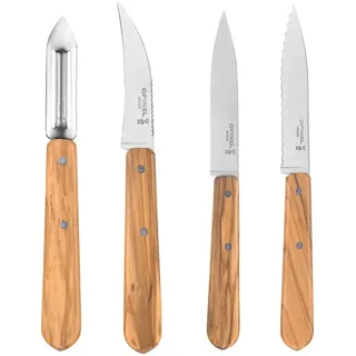 Opinel 254458 Essentials Küchenmesser Set-4 teilig-rostfreier Sandvik Stahl-Olivenholz Griffe, Mehrfarbig