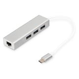 Digitus USB 3.0 Typ C 3-Port Hub mit Gigabit Ethernet Adapter, 3x USB A, 1x RJ45 LAN, Silber