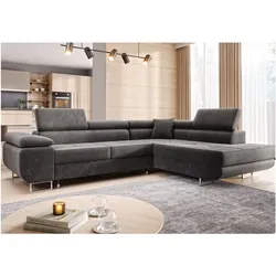 M-Punk Wohnlandschaft Ecksofa MIAMI Samt Grau mit Bett Bettkasten Kopfteilverstellung Bett Sofa Schlafsofa Ottomane rechts
