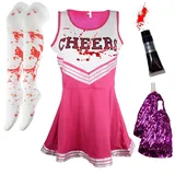 Cheerleader-Kostüm für Damen, Halloween-Kostüme für Damen, Cheerleader, Halloween-Kostüm, Erwachsene, Zombie-Cheerleader, Halloween-Kostüm für Damen, totes Cheerleader-Blutschlauch, Strümpfe, Rosa,