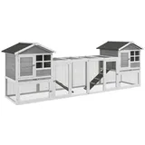 PawHut Kaninchenstall Kleintierstall aus Holz mit Außengehege, Rampe, Kleintierhaus mit Bodenwanne, Kleintierkäfig für Indoor Outdoor Grau 259 x 64 x 92 cm