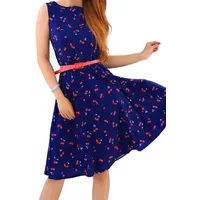 Yming Damen Rockabilly Audrey Kleid Retro Cocktailkleider nkleid Petticoakleid Dunkelblau Kirschen XS/DE 32-34 - XS