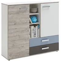 Möbelando Kommode >Nona 4< in Sandeiche Dekor-weiß-Lava-Denim - 116,9x105x33cm