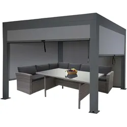 Pergola MCW-L46 mit Seitenwand, Gartenpavillon Lamellen-Pavillon Rollo, 10cm-Alu-Gestell, sturmfest 3x3m ~ anthrazit