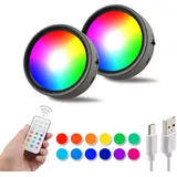 da LIGHT Led Unterbauleuchten 2er Set, RGBW Spots mit Fernbedienung, Kabellos Schrankleuchten mit Akku, Dimmbare Schrankbeleuchtung Schwarz für Treppen Vitrine Schrank Küchen