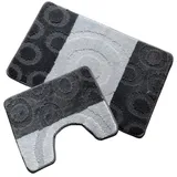 oKu-Tex Badematte Badgarnitur 2-teilig mit Ausschnitt, weich & rutschfest, fußbodenheizungsgeeignet, strapazierfähig, Polypropylen, WC-Vorleger Set mit Ausschnitt, weicher Flor, waschbar, flauschig grau|schwarz 60 cm x 100 cm