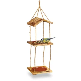 Relaxdays Vogelfutterstation Holz, zum Aufhängen, Futterspender Wildvögel, 2 Schalen, HxBxT: 73 x 20 x 20 cm, Natur