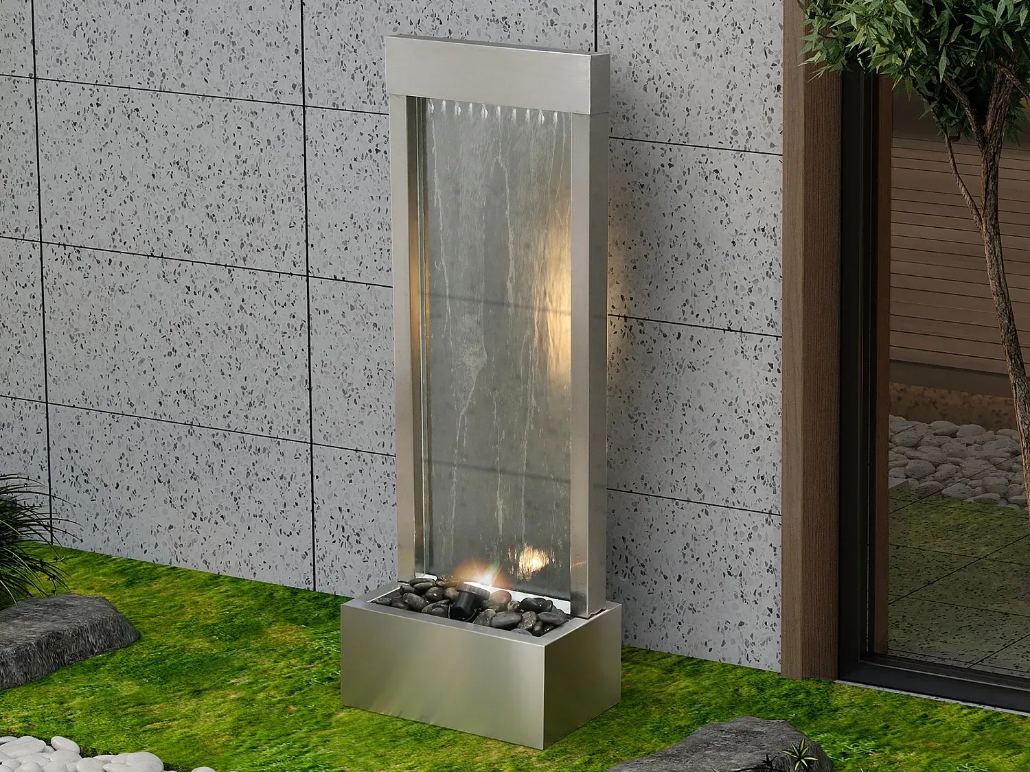 Außenbrunnen aus Edelstahl & Glas mit LED-Beleuchtung - H 108 cm - Silberfarben - PANGA
