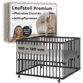 Sämann Laufgitter mit Matratze Cloud Air | Schlupfsprossen Black Edition Premium | Gr.: 120x120 cm)