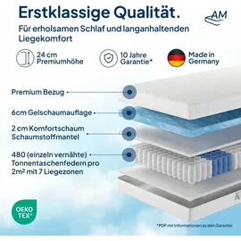 AM Qualitätsmatratzen Gelschaum Taschenfederkernmatratze 90 x 200 cm H2