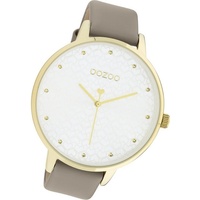OOZOO Quarzuhr Oozoo Damen Armbanduhr Timepieces, Damenuhr Lederarmband taupe, grau, rundes Gehäuse, extra groß (48mm) grau