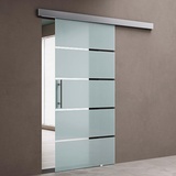 doporro Glasschiebetür Komplettset 90 x 205 cm | 15 mm Wandabstand | Schiebetür mit ESG-Sicherheitsglas | Zimmertür Glas mit 5-Milchglas-Streifen mit Stangengriff | Amalfi-plus 13