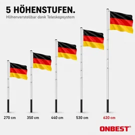 onbest Fahnenmast | mit Bodenhülse und Karabiner | 6,2 m | inklusive Deutschlandfahne | Partyfahne