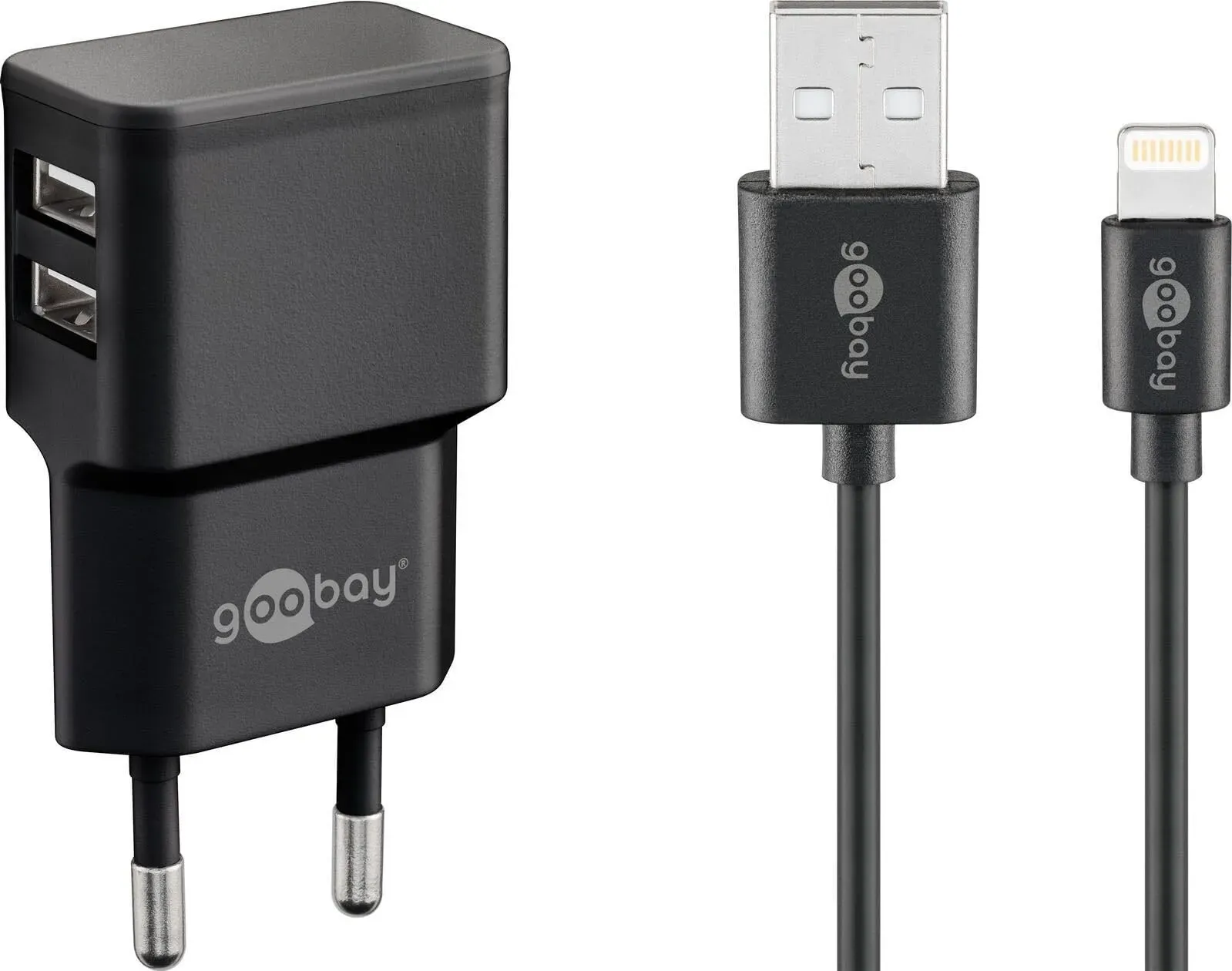goobay 44995 USB Netzteil + Ladekabel Set / 2 Port Adapter für Steckdose 2,4 A (12W) USB-Netzteil mit Schutzelektronik/inkl. 1m Lightning Kabel/Schwarz