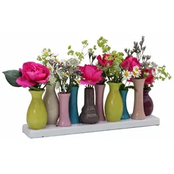 H&D Manufaktur Jinfa Handgefertigte kleine Keramik Deko Blumenvasen Set aus 10 Vasen in bunt auf eime Tablett