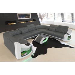 Sofa Dreams Wohnlandschaft Ledercouch Sofa Leder Genua U Form Ledersofa, Couch, mit LED, Designersofa grau|weiß