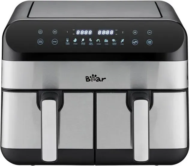 Bear Dual Chamber Air Fryer – 9,0L große Kapazität, 2400W Leistung, unabhängige Temperaturregelung für zwei Körbe, digitales Touchscreen, 8 voreingestellte Programme für Pommes, Hähnchen, Steak, Gemüse, Küchengerät für die Familie QZG-F24F1